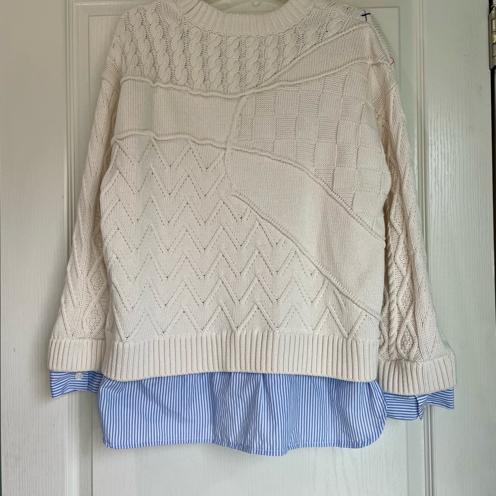 Pilcro Anthropologie Twofer Cable Knit Cream Sweater Blue & Red Stitching Medium - Picture 4 of 7